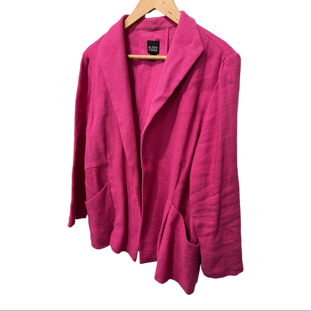 EILEEN FISHER HOT PINK LINEN BLEND COLLARED OPEN FRONT BLAZER JACKET SIZE MEDIUM - Picture 3 of 16